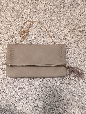 Grey Fold-Over Crossbody Clutch with Gold Chain